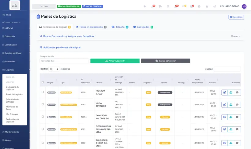 Panel de Logística en SIGACT Cloud
